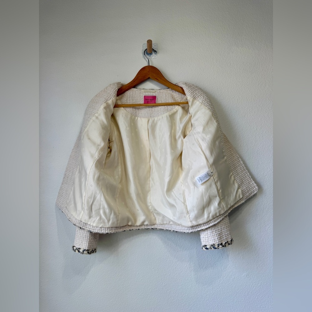 Kate Spade Tweed Jacket Cream Navy Trim Cropped Blazer Size 4 - Picture 4 of 6